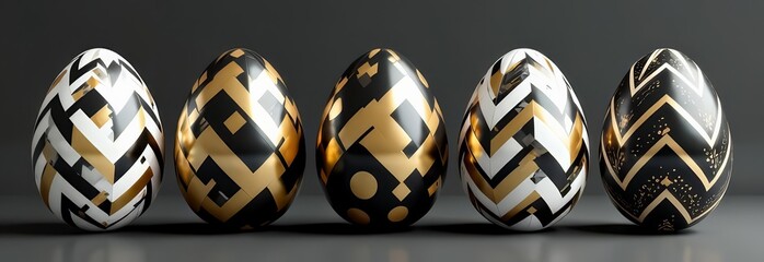 Elegant Easter eggs with black, gold, and white geometric pattern on dark background, metallic details, luxurious and modern holiday aesthetic, Easter celebration, festive
