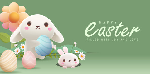 Happy Easter Day Design with Cute Bunny Vector Illustration. Egg Hunt Party Concept. Suitable for Poster Banner Flyer and Brochure Template	
