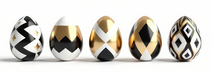 Elegant Easter eggs with black, gold, and white geometric pattern on white background, metallic details, luxurious and modern holiday aesthetic, Easter celebration, festive
