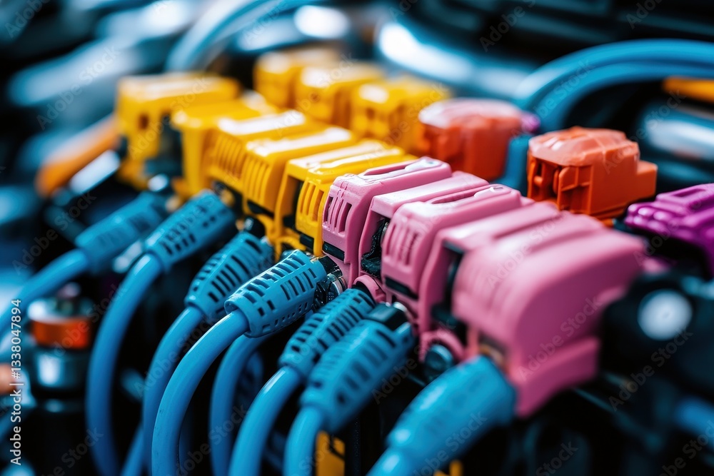 Poster close-up shows colorful modular connectors with blue cables plugged in. can be used for themes like 
