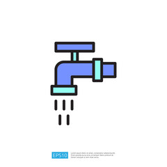 Clean and Disinfect Icon of a Modern Faucet with Blue and Green Design, Featuring Water Dripping from the Tap