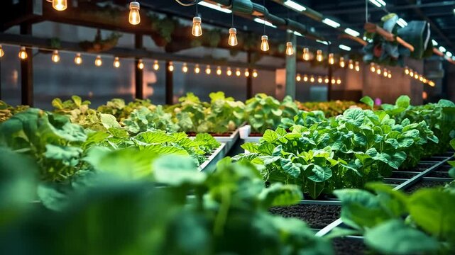 A modern farm showcases advanced robotic systems tending to vibrant green crops illuminated by soft overhead lights. This high-tech environment promotes efficient growth of healthy vegetables.