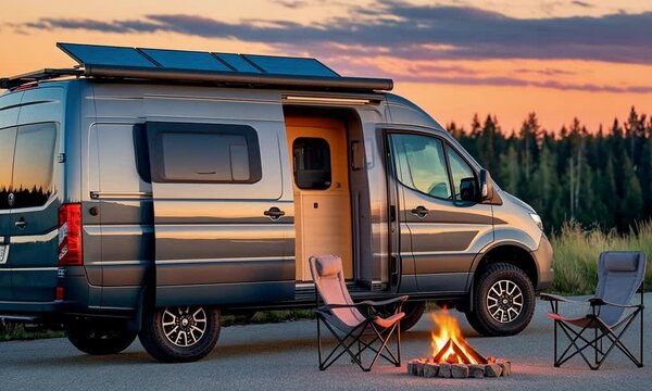 Modern van conversion with solar panels on the roof and an outdoor setup