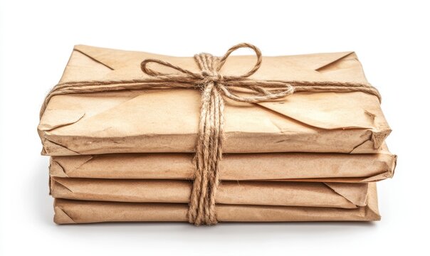 Stack of old books tied with twine on white background, for historical or vintage projects