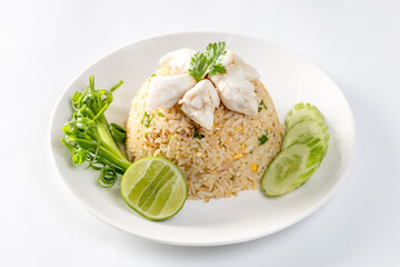 Crab fried rice on the white background.