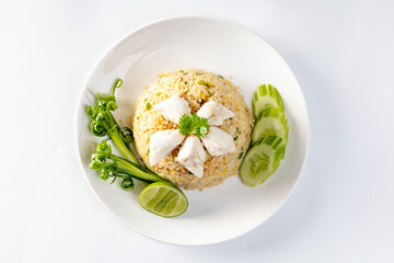 Crab fried rice on the white background.