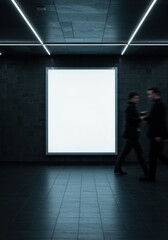 A bright blank billboard on a dark tiled wall with two blurred people walking past 01