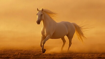 A poetic moment as a white Camargue horse trots gracefully across an open plain, its mane flowing in the coastal breeze, with the soft hues of dawn behind, telephoto shot. 