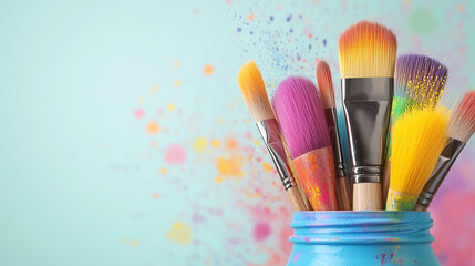 Fototapeta premium A colorful array of art brushes in a paintbrush bottle, with vibrant colors and paint on the background. The brush bristles are waving gently, symbolizing creativity and artistic expression.