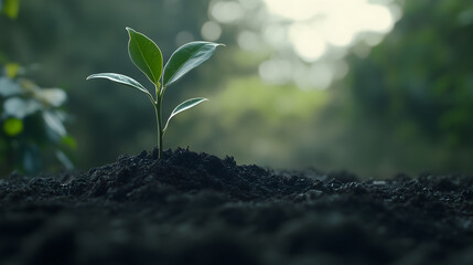 
The seedling are growing in the black soil. in the rain forest. Planting trees to reduce global warming. blurred,soft focus