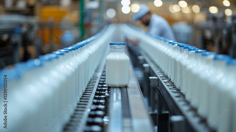 Poster rows of freshly filled milk bottles glide smoothly along the conveyor belt in a busy dairy factory, 