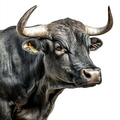 Naklejka premium A powerful bull snorting, muscular frame visible, strong lighting, close-up shot, white background. 