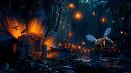Naklejka premium Bees pollinating neon flowers in enchanted forest fantasy scene vibrant glow nighttime magic