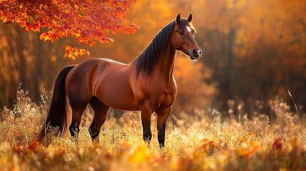 A powerful chestnut stallion stands in a sunlit autumn meadow, its muscles well-defined, with a dreamy blur of red, orange, and yellow leaves in the background, telephoto portrait shot. 