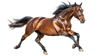 A powerful horse captured mid-gallop, its muscles flexed and mane flowing, isolated against a pure white background, dynamic telephoto shot. 