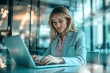 Fototapeta premium Focused Businesswoman Working on Laptop in Modern Office Setting