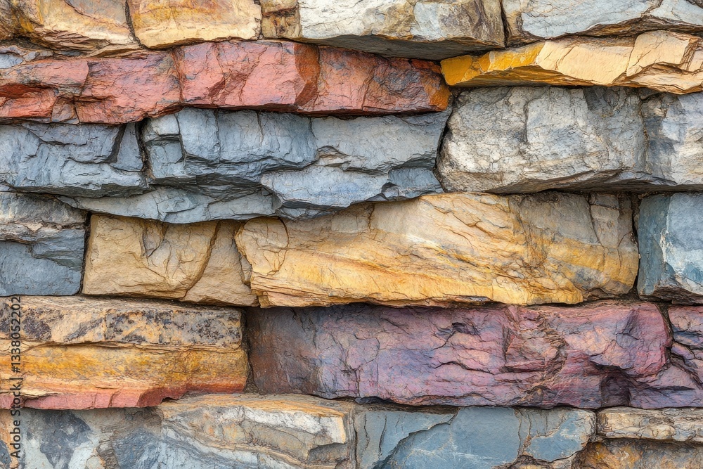 Poster detailed close-up of a colorful stone wall with unique textures and patterns. use this image for bac