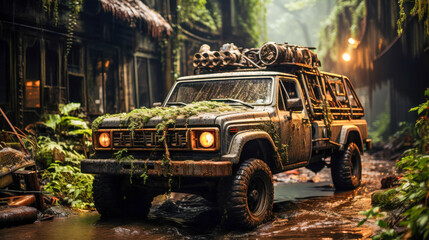 Modern rusty truck abandoned in overgrown street with vegetation and remnants of a forgotten era
