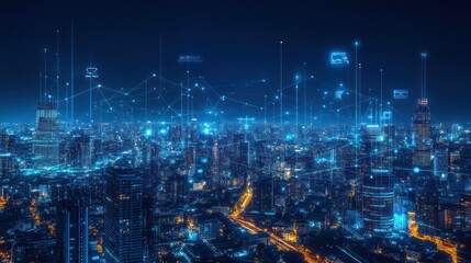 Fototapeta premium Night city skyline, digital network overlay, abstract urban scene, for technology background