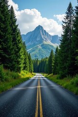 Sweeping road cuts through lush Swedish forest, mountains in background, calm, light, tree
