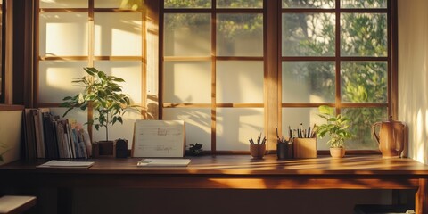 A desk beside a large window with books and plants inside