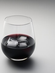 A glass of red wine with ice cubes in it