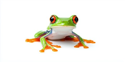 Obraz premium A close-up of a red-eyed tree frog (Agalychnis callidryas) with vibrant green skin, bright orange feet, and striking red eyes on a white background.