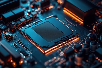 Obraz premium Closeup of a Modern Computer Motherboard with Illuminated Central Processing Unit