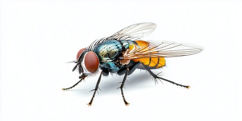 A macro close-up of a blow fly (Calliphoridae) with iridescent blue and orange body, red compound eyes, and translucent wings on a white background.