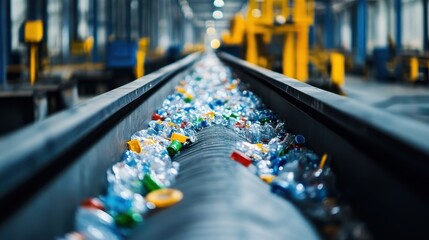 Obraz premium Plastic bottles move along a conveyor belt in a recycling factory. Use this image for environmental or industrial process themes.