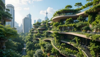 Fototapeta premium Urban landscape featuring green terraces and modern architecture.