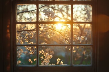 Fototapeta premium Wooden window frame views blooming tree branch at sunset. Use for spring, hope, home decor, or nature concept design.