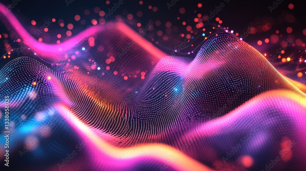 Aufkleber neon digital abstract: an abstract, digital artwork features a wave-like pattern composed of countle