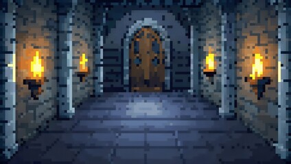 Dark medieval dungeon corridor pixel art background. 8-bit game assets