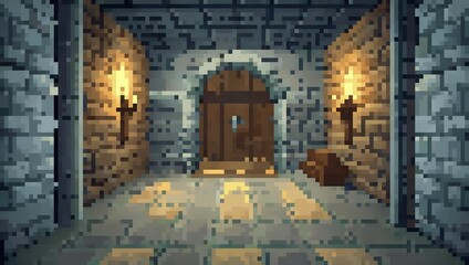 Medieval dungeon corridor pixel art background. 8-bit game assets