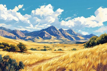 Vibrant painting showing mountains and grassy fields under a cloudy blue sky. Use for travel brochures or illustrating articles about nature's beauty.