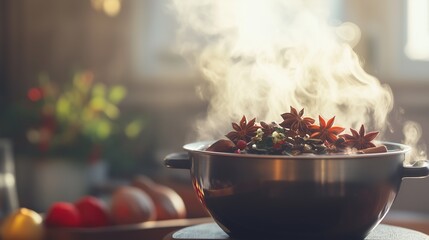 A variety of colorful whole spices scattered across a dark stone surface. 
