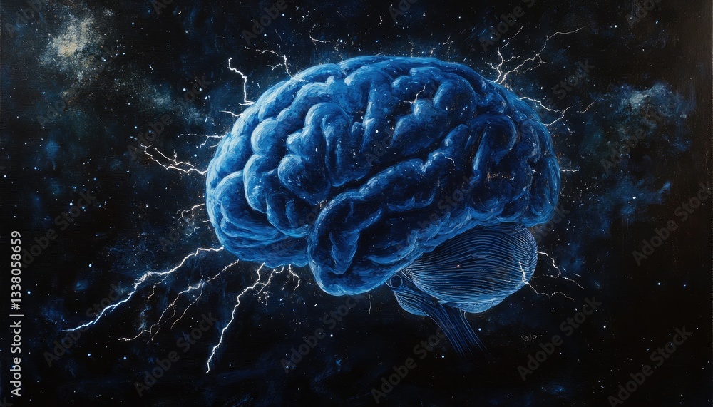 Poster brain and neural activity: a vibrant artistic depiction of a human brain, illuminated in a dynamic b