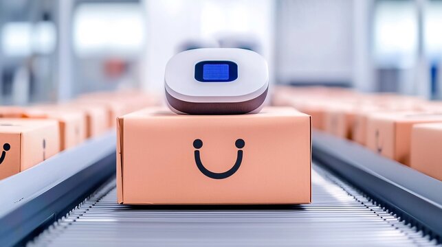 Small, white device rests atop a cardboard box with a happy face graphic, on a conveyor belt in a modern warehouse setting. - Powered by Adobe