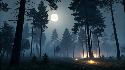 Moonlit forest under starry sky with mist and glowing fireflies