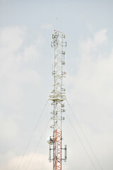 Telecommunication tower of 4G and 5G cellular. Antenna transmission communication. Cell phone signal base station.