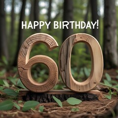 Wooden 60th birthday decoration in forest setting. 