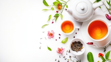 Minimalist Tea Ceremony with Floral Accents - Elegant Tea Set on White Background