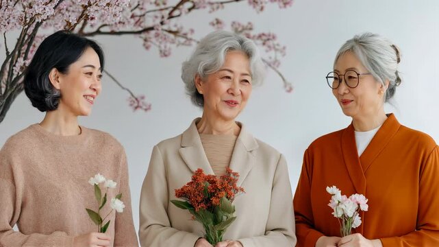 Three women are smiling and holding flowers
