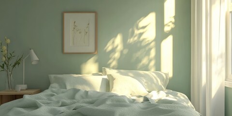 A bedroom with a bed and a sunlit wall creating shadows