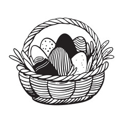 Black and White Sketch Easter Eggs in the basket. Spring holiday hand drawn illustration. Vector isolated elements. For cards, web, invitations, prints