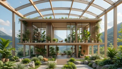Modern greenhouse surrounded by lush plants and scenic mountains.