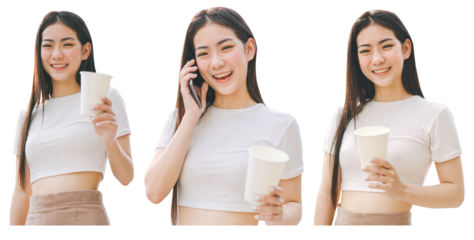 Asian woman long hair happy face looking at camera hand holding coffee cup isolated cutout transparent background