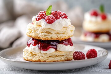 Raspberry shortcake with cream and jam is ready to eat on plate. Use for dessert menu, bakery advertisements, or food blogs.