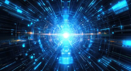 Digital Tunnel of Light: A captivating visual journey through a futuristic, tunnel-like structure, constructed with intricate digital pathways that converge towards a radiant light source.